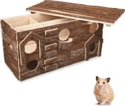 Navaris Houten Hamsterhuis – Speelhut Voor Hamsters, Kleine Knaagdieren, Gerbils, Muizen – Schuilplaats Op Twee Etages Voor Hamster, Cavia, Muis