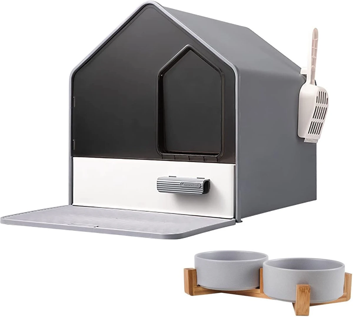 Kattenbak Villa Met Dubbele Voerbak En Kattenbakmat – Kat – Drinkbak – Modern En Stijlvol – Design – Grijs 3 Kattenbak Villa Met Dubbele Voerbak En Kattenbakmat – Kat – Drinkbak – Modern En Stijlvol – Design – Grijs