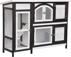 Bobby’s Konijnenhok XL – Zwart Wit – Naturel – Konijnenhok Voor Buiten – Meerdere Uitgangen – 2 Verdiepingen – Knaagdieren – Huisdieren – 138 X 48 X 109 Cm