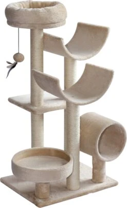 PawHut Kattenboom Kattenkrabboom Speelgoed Tunnel Katten Klimboom Krabboom Beige D30-191