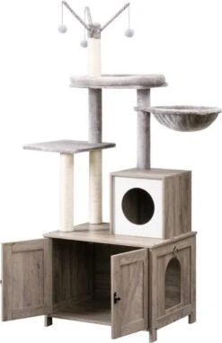 Signature Home Catty Krabpaal Met Kattenbak – Kattenbakkast – Kattenhuis Met Deur En Slot – Krabpalen Met Hangmat Mand Katten Huis – Kattenbakmeubel Verborgen – Alles-in-één Kattenspeelgoed Met Kattenhuis – Grijs – 60cm X 150cm X 48cm